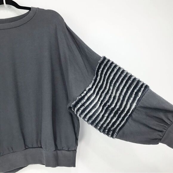 Young Fabulous and Broke Gray Faux Fur Stripe Sleeve Cozy Pullover - Picture 9 of 16